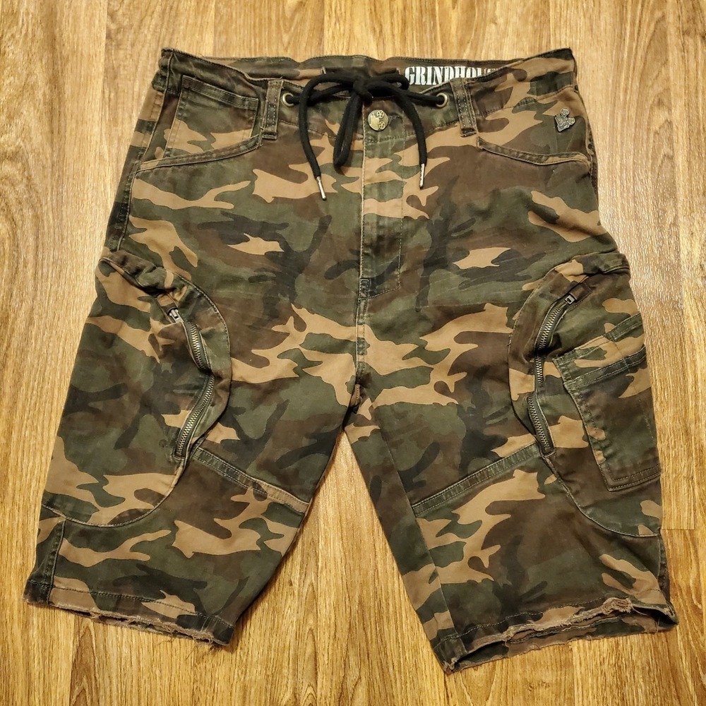 Grindhouse Cargo Shorts Mens 34 Green Camouflage‎ Drawstring Raw Hem Streetwear